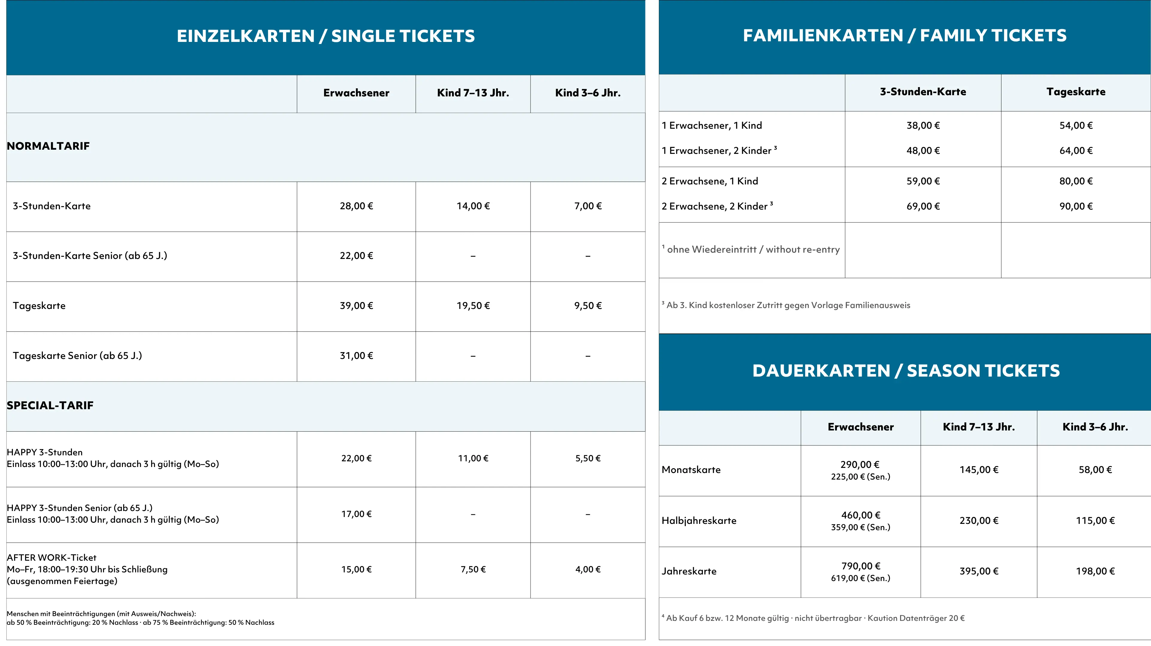 Preisliste Ein blau-weißes Ticket mit Text und Zahlen.
