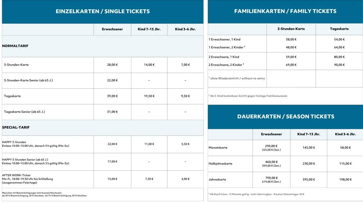 Preisliste Ein blau-weißes Ticket mit Text und Zahlen.