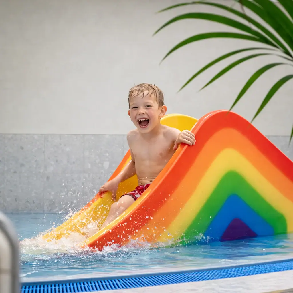 Ein Junge rutscht auf einer Regenbogenrutsche in ein Schwimmbecken.